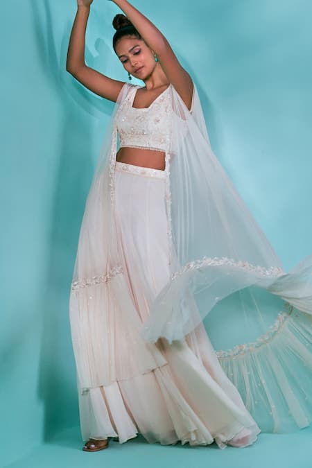 Shop_Nayantaara_Cream Net, Georgette Sequins, Natures Symphony Hand Embroidered Cape Sharara Set _Online_at_Aza_Fashions