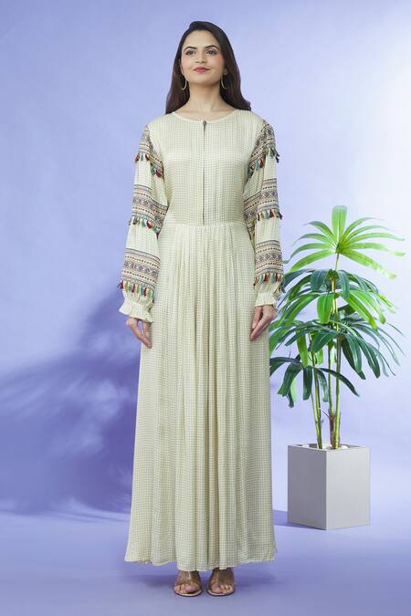 Shruti Sancheti_Beige Cotton Satin Embroidery Checkered Pattern Round Gown_Online_at_Aza_Fashions