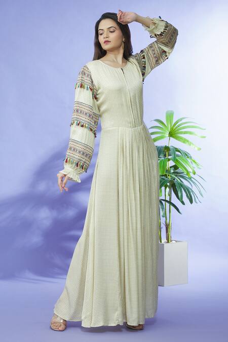 Shop_Shruti Sancheti_Beige Cotton Satin Embroidery Checkered Pattern Round Gown_Online_at_Aza_Fashions