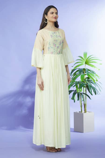 Shruti Sancheti_Yellow Cotton Round Neck Printed Gown _Online_at_Aza_Fashions