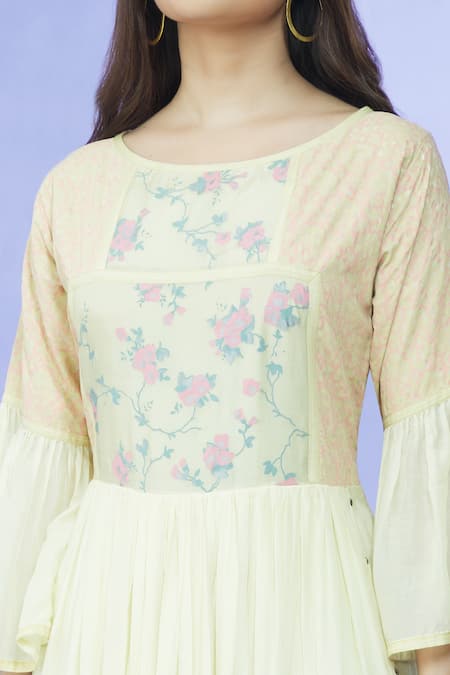 Shruti Sancheti_Yellow Cotton Round Neck Printed Gown _at_Aza_Fashions