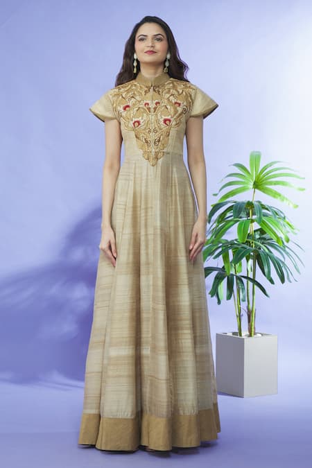 Shruti Sancheti_Gold Silk Embroidery Bandeau Neck Yoke Gown _Online_at_Aza_Fashions