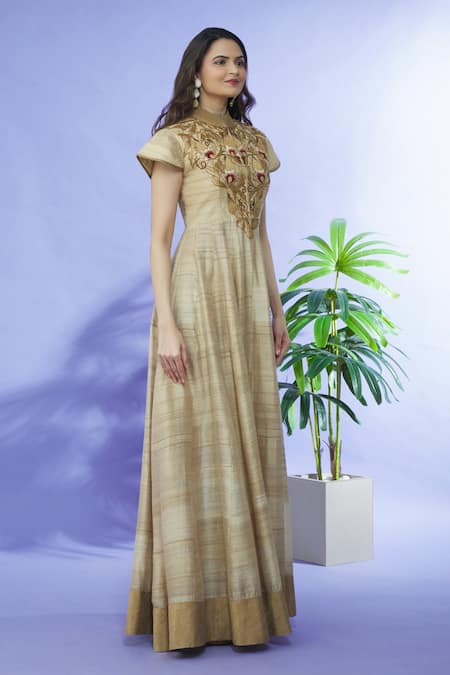 Buy_Shruti Sancheti_Gold Silk Embroidery Bandeau Neck Yoke Gown _Online_at_Aza_Fashions