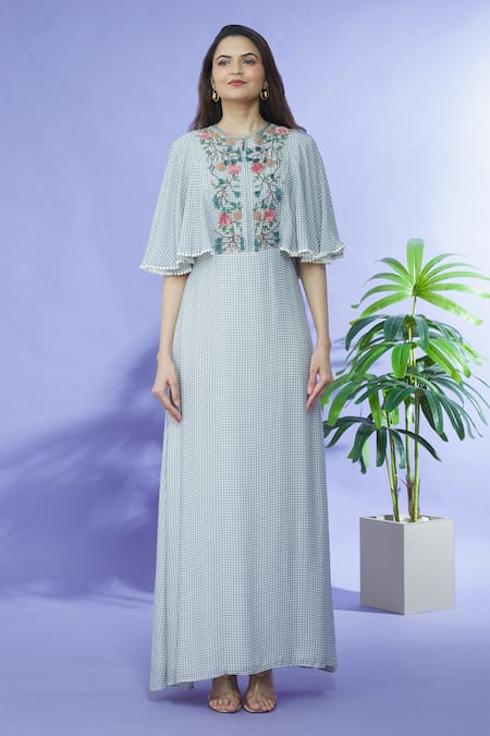 Shruti Sancheti_Grey Cotton Embroidery Round Neck Gown _Online_at_Aza_Fashions