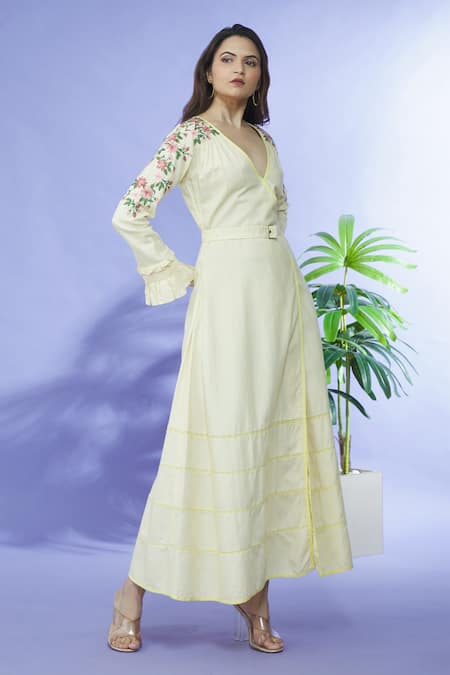 Buy_Shruti Sancheti_Yellow Cotton Embroidery V-neck Overlap Dress With Belt _Online_at_Aza_Fashions