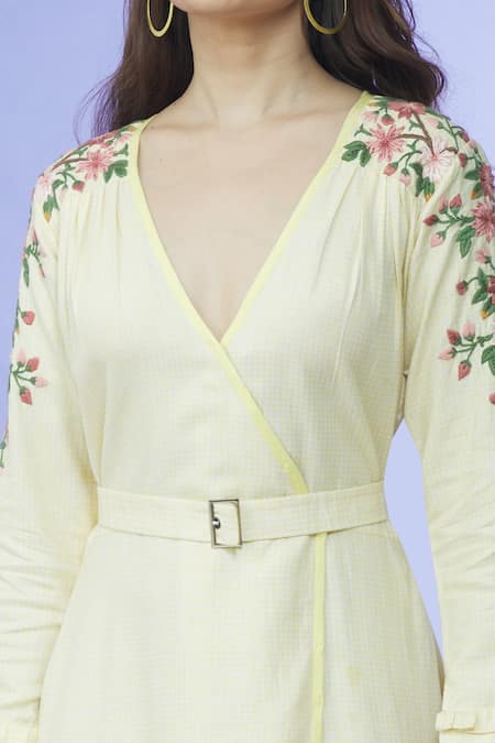 Shop_Shruti Sancheti_Yellow Cotton Embroidery V-neck Overlap Dress With Belt _Online_at_Aza_Fashions
