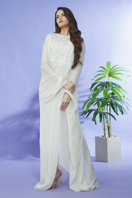 Buy_Shruti Sancheti_White Chiffon Embroidery Round Neck Yoke Hand Kaftan _Online_at_Aza_Fashions