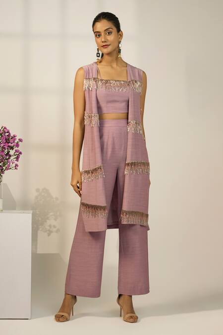 Buy Nayantara Couture Purple Viscose Crepe Embellished Bead Jacket Open Pant Set at Aza Fashions Buy_Nayantara Couture_Purple Viscose Crepe Embellished Bead Jacket Open Pant Set_at_Aza_Fashions