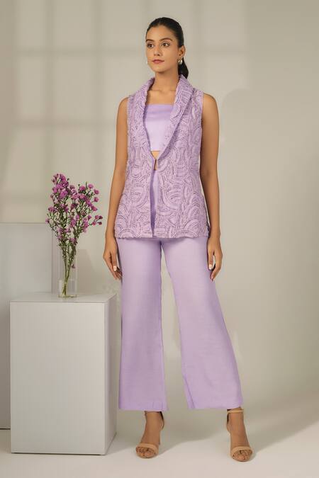 Nayantara Couture Purple Blazer Nylon Organza Embroidered Cut Dana And Mia Pant Set 