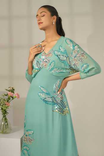 Nayantara Couture_Green Georgette Embroidered Sequin V Neck Roxanne A-line Dress_Online_at_Aza_Fashions