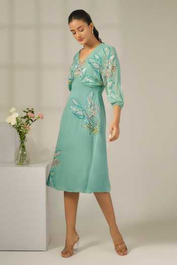 Buy_Nayantara Couture_Green Georgette Embroidered Sequin V Neck Roxanne A-line Dress_Online_at_Aza_Fashions