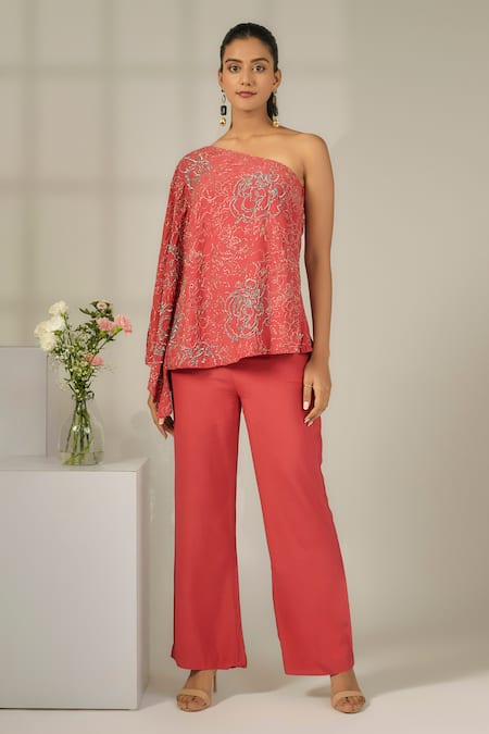 Nayantara Couture Pink Viscose Crepe Embroidered Sequin And Cut Sofia Top & Pant Set 