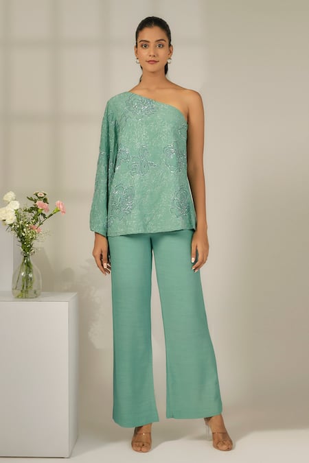 Nayantara Couture Green Viscose Crepe Embroidered Sequin And Cut Sofia Top & Pant Set 