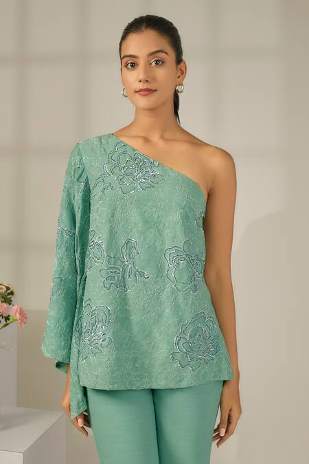 Nayantara Couture_Green Viscose Crepe Embroidered Sequin And Cut Dana Work One Sofia Top & Pant Set_Online_at_Aza_Fashions