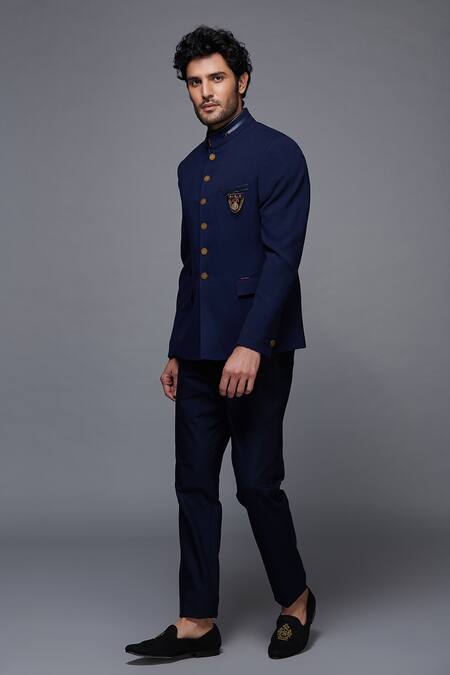 S&N By Shantnu Nikhil_Blue Wool, Viscose, Poly Blend Mandarin Collar Bandhgala_at_Aza_Fashions
