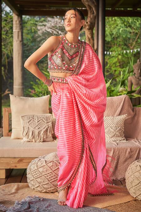 Surily G_Pink Crepe Hand Embroidered Shells Halter Crop Top  _Online_at_Aza_Fashions