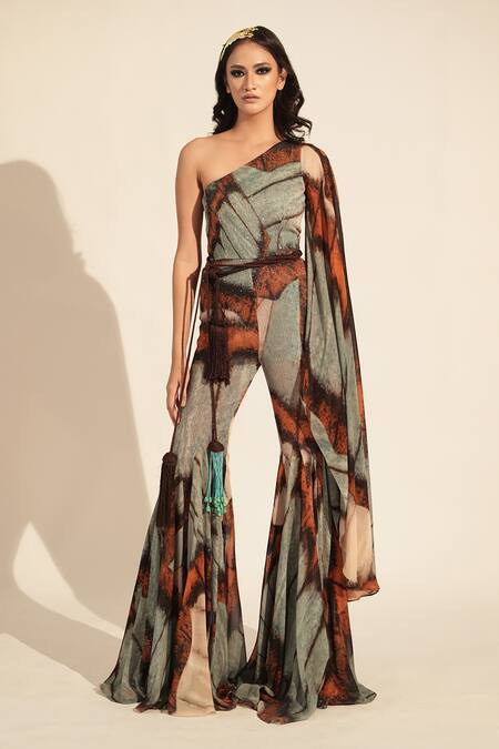 Nikita Mhaisalkar_Blue Georgette Sequins, Embroidery One Shoulder Butterfly Print And Jumpsuit _Online_at_Aza_Fashions