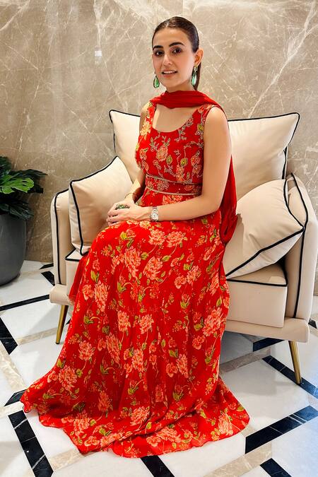 Buy House Of TA-YA Maroon Georgette, Chiffon Embroidery Round Digital Print Anarkali With Dupatta Online at Aza Fashions Buy_House Of TA-YA_Maroon Georgette, Chiffon Embroidery Round Digital Print Anarkali With Dupatta _Online_at_Aza_Fashions