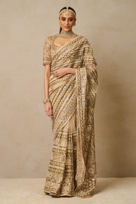 Tarun Tahiliani Gold Saree And Blouse Tulle Embroidery Gota Patti Square Neck With 