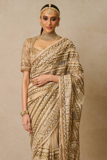 Tarun Tahiliani_Gold Tulle Gota Patti, Beads Square Neck Embroidered Saree With Blouse_Online_at_Aza_Fashions