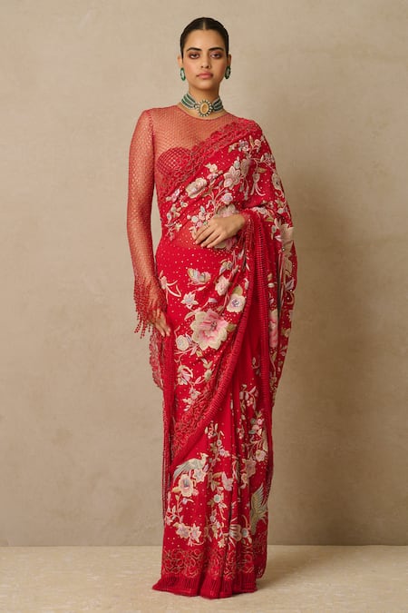 Tarun Tahiliani Red Blouse  Chantilly Lace Embroidery Satin Round Neck 3d Floral Saree With 