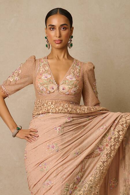 Tarun Tahiliani Pink Georgette, Tulle, Silk Crystals, 3d Floral Bloom Saree With Blouse Online at Aza Fashions Tarun Tahiliani_Pink Georgette, Tulle, Silk Crystals, 3d Floral Bloom Saree With Blouse_Online_at_Aza_Fashions