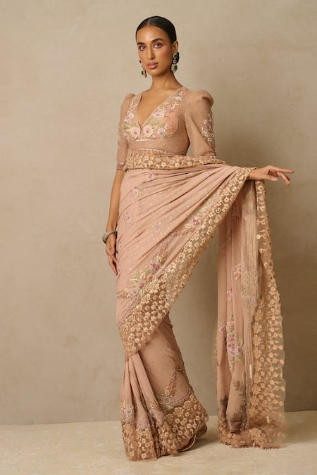 Buy Tarun Tahiliani Pink Georgette, Tulle, Silk Crystals, 3d Floral Bloom Saree With Blouse Online at Aza Fashions Buy_Tarun Tahiliani_Pink Georgette, Tulle, Silk Crystals, 3d Floral Bloom Saree With Blouse_Online_at_Aza_Fashions