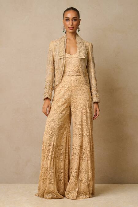 Tarun Tahiliani Beige Tulle Sequins Shawl Neck Jumpsuit With Embellished Gilet