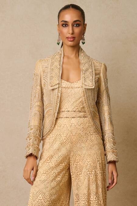 Tarun Tahiliani Beige Tulle Sequins Shawl Neck Jumpsuit With Embellished Gilet Online at Aza Fashions Tarun Tahiliani_Beige Tulle Sequins Shawl Neck Jumpsuit With Embellished Gilet_Online_at_Aza_Fashions