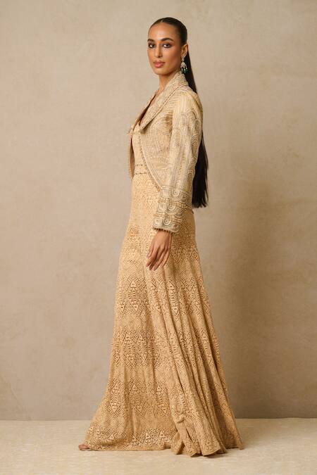 Buy Tarun Tahiliani Beige Tulle Sequins Shawl Neck Jumpsuit With Embellished Gilet Online at Aza Fashions Buy_Tarun Tahiliani_Beige Tulle Sequins Shawl Neck Jumpsuit With Embellished Gilet_Online_at_Aza_Fashions