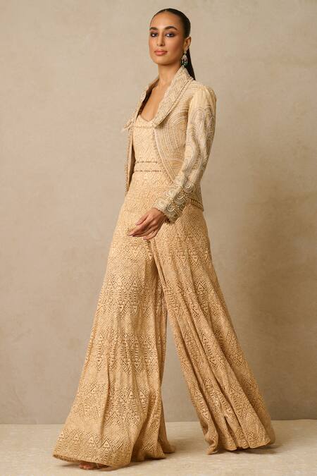 Shop Tarun Tahiliani Beige Tulle Sequins Shawl Neck Jumpsuit With Embellished Gilet Online at Aza Fashions Shop_Tarun Tahiliani_Beige Tulle Sequins Shawl Neck Jumpsuit With Embellished Gilet_Online_at_Aza_Fashions