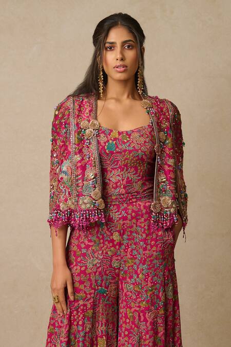 Tarun Tahiliani_Multi Color Silk, Georgette Zari, Zardozi And Aari Work Gilet With Jumpsuit_Online_at_Aza_Fashions