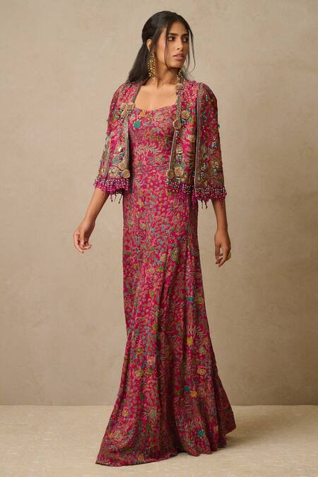 Buy_Tarun Tahiliani_Multi Color Silk, Georgette Zari, Zardozi And Aari Work Gilet With Jumpsuit_Online_at_Aza_Fashions