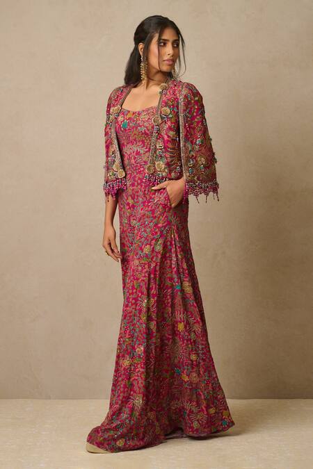 Shop_Tarun Tahiliani_Multi Color Silk, Georgette Zari, Zardozi And Aari Work Gilet With Jumpsuit_Online_at_Aza_Fashions