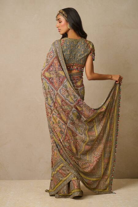 Shop Tarun Tahiliani Multi Color Georgette, Silk Sequins Scoop Kashida Embroidered Saree With Blouse at Aza Fashions Shop_Tarun Tahiliani_Multi Color Georgette, Silk Sequins Scoop Kashida Embroidered Saree With Blouse_at_Aza_Fashions