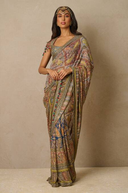 Tarun Tahiliani Multi Color Georgette, Silk Sequins Scoop Kashida Embroidered Saree With Blouse Online at Aza Fashions Tarun Tahiliani_Multi Color Georgette, Silk Sequins Scoop Kashida Embroidered Saree With Blouse_Online_at_Aza_Fashions