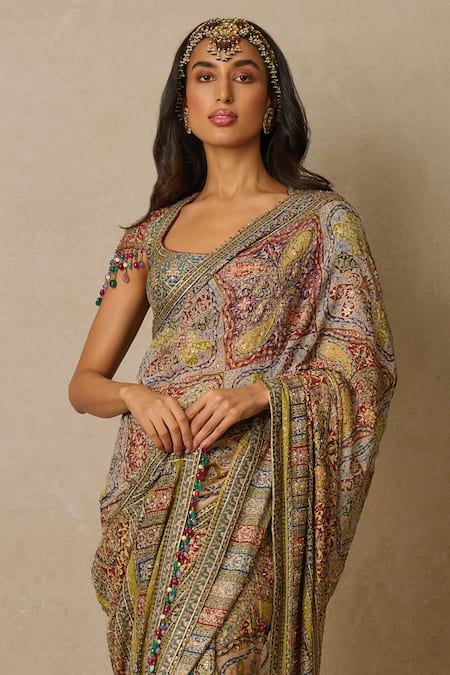 Buy Tarun Tahiliani Multi Color Georgette, Silk Sequins Scoop Kashida Embroidered Saree With Blouse Online at Aza Fashions Buy_Tarun Tahiliani_Multi Color Georgette, Silk Sequins Scoop Kashida Embroidered Saree With Blouse_Online_at_Aza_Fashions