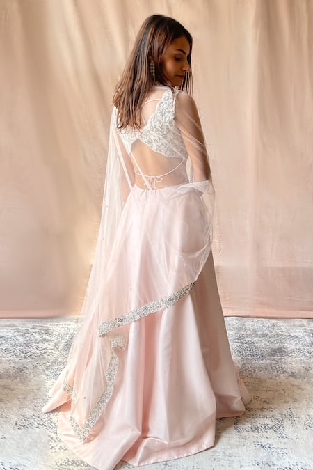 Shop Aakansha Gupta Peach Silk, Net Embroidery, Pearls Scoop Taran Lehenga Set With Border Dupatta at Aza Fashions Shop_Aakansha Gupta_Peach Silk, Net Embroidery, Pearls Scoop Taran Lehenga Set With Border Dupatta _at_Aza_Fashions