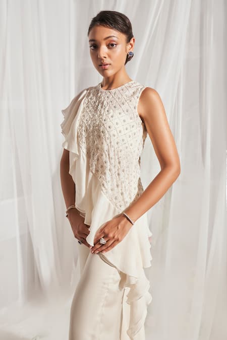 Buy_Aakansha Gupta_Ivory Organza, Satin Beads, Sequins Round Rio Embroidered Ruffle Top Pant Set _Online_at_Aza_Fashions