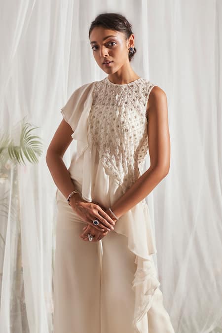 Shop_Aakansha Gupta_Ivory Organza, Satin Beads, Sequins Round Rio Embroidered Ruffle Top Pant Set _Online_at_Aza_Fashions