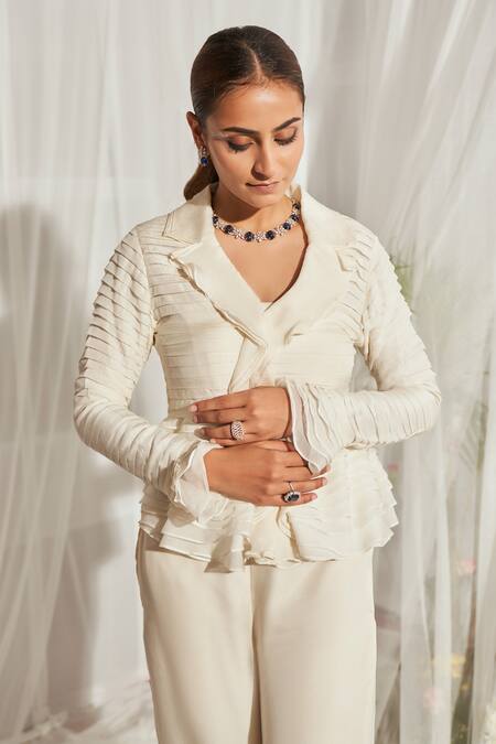 Aakansha Gupta Ivory Organza, Satin V-neck Noa Ruffle Layered Top And Flared Pant Set Online at Aza Fashions Aakansha Gupta_Ivory Organza, Satin V-neck Noa Ruffle Layered Top And Flared Pant Set _Online_at_Aza_Fashions