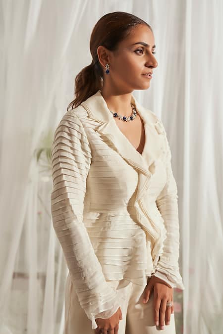 Buy Aakansha Gupta Ivory Organza, Satin V-neck Noa Ruffle Layered Top And Flared Pant Set Buy_Aakansha Gupta_Ivory Organza, Satin V-neck Noa Ruffle Layered Top And Flared Pant Set