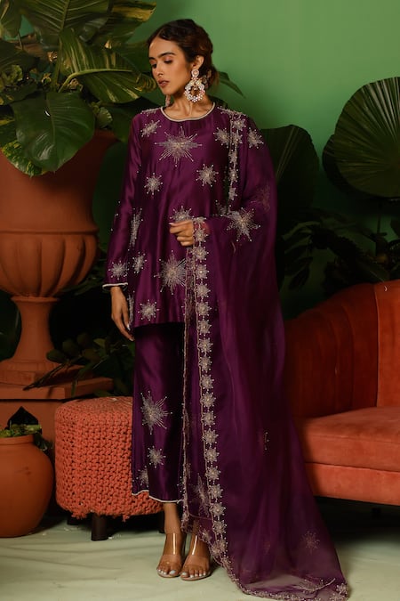 Midushi Bajoria_Purple Silk, Cotton, Organza, Chanderi Hand Embellished Short Kurta Pant Set _Online_at_Aza_Fashions