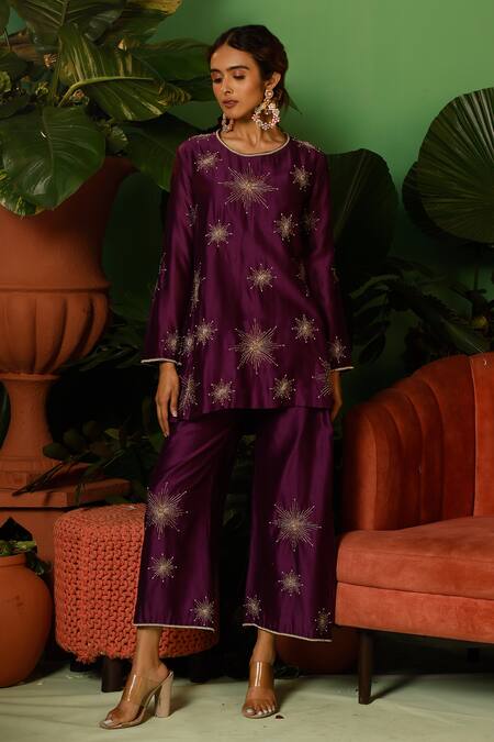 Buy_Midushi Bajoria_Purple Silk, Cotton, Organza, Chanderi Hand Embellished Short Kurta Pant Set _Online_at_Aza_Fashions
