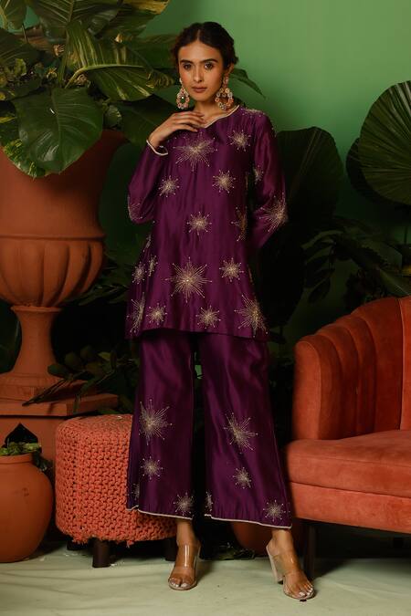 Shop_Midushi Bajoria_Purple Silk, Cotton, Organza, Chanderi Hand Embellished Short Kurta Pant Set _Online_at_Aza_Fashions