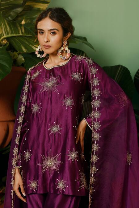 Midushi Bajoria_Purple Silk, Cotton, Organza, Chanderi Hand Embellished Short Kurta Pant Set _at_Aza_Fashions
