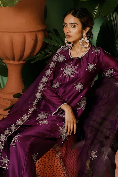 Buy_Midushi Bajoria_Purple Silk, Cotton, Organza, Chanderi Hand Embellished Short Kurta Pant Set 