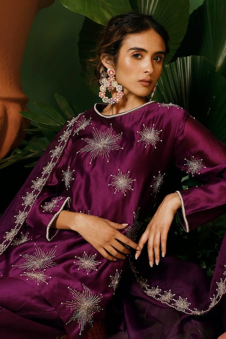 Shop_Midushi Bajoria_Purple Silk, Cotton, Organza, Chanderi Hand Embellished Short Kurta Pant Set 