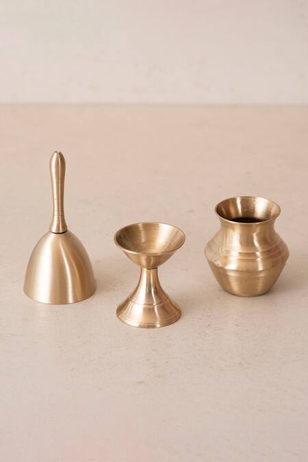 Buy_The Decor Remedy_Gold Pure Brass Ghunghroo Pooja Thali Of 6_Online_at_Aza_Fashions