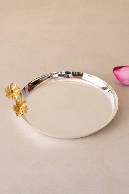 The Decor Remedy_Silver Pure Brass Blossom Pooja Thali Of 5 _Online_at_Aza_Fashions